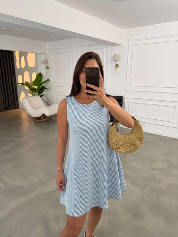 Mavi Çizgili Sıfır Kol Elbise 80148-Mavi
