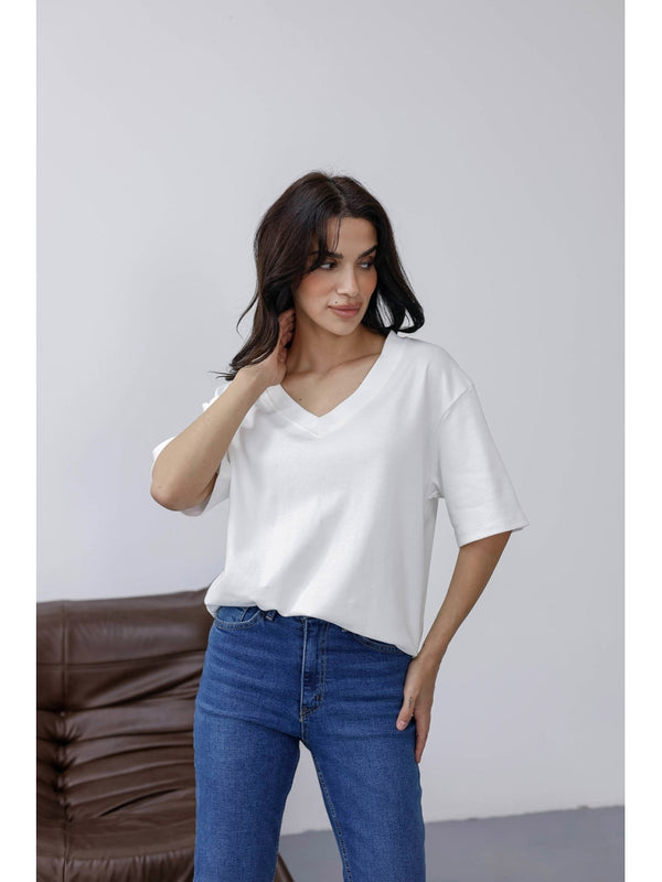 Ekru Orj Marka V Yaka Tshirt 6598-Ekru