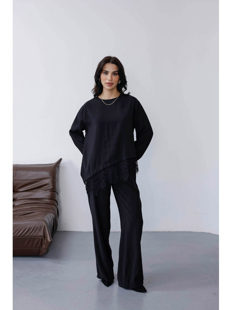 Siyah Etek Ucu Dantelli Tencel Takım 2801-Siyah