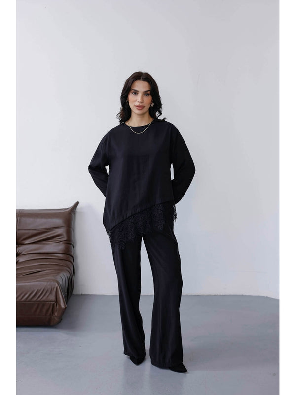 Siyah Etek Ucu Dantelli Tencel Takım 2801-Siyah