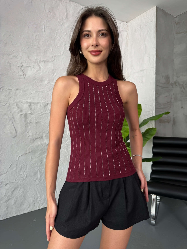Bordo Zr Model Halter Yaka Taşlı Atlet