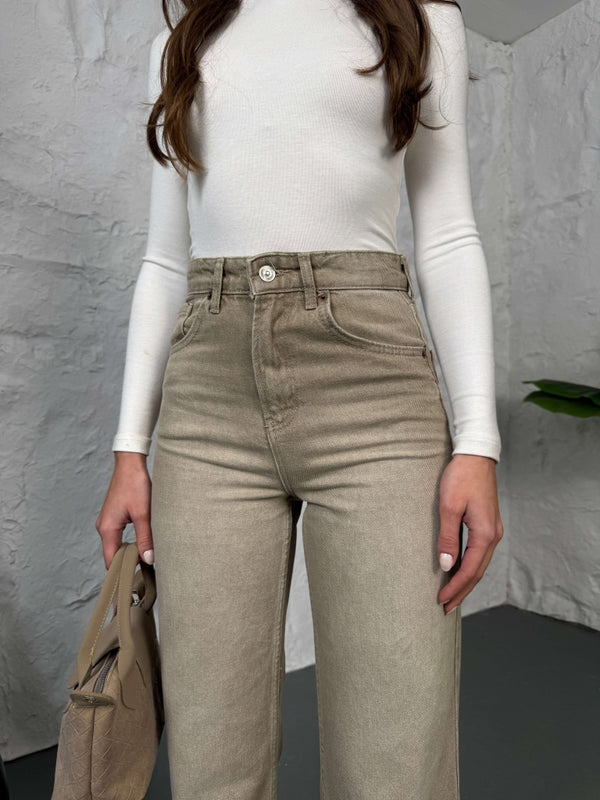 Bej Straight Kesik Paça Jean 21145-Bej