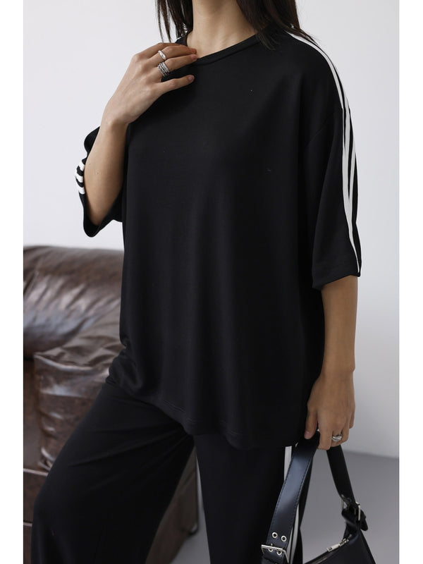 Siyah Şerit Detaylı Tshirt Takım 4101-Siyah