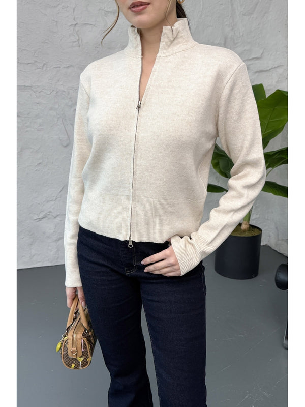 Taş Dik Yaka Fermuarlı Triko Hırka EY0009-TAŞ