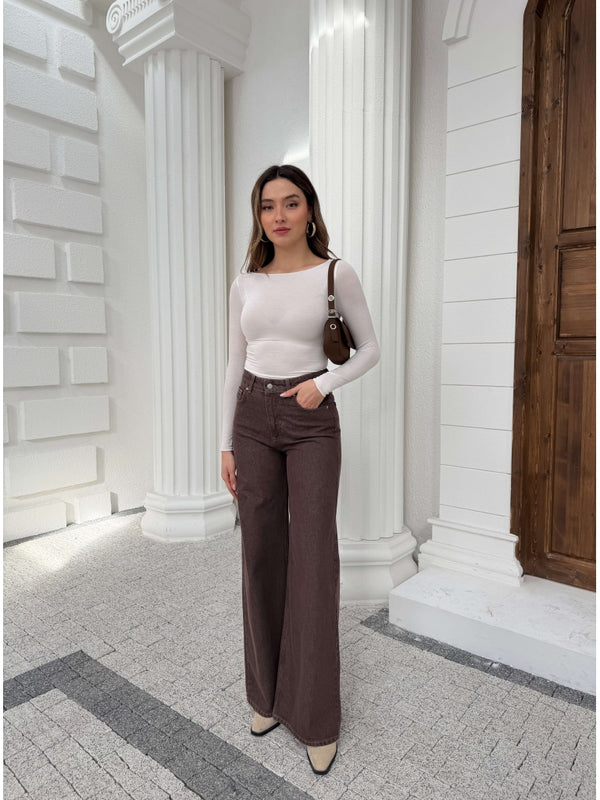 Dilvin Kahverengi Geniş Paça Jean 72033-Kahverengi