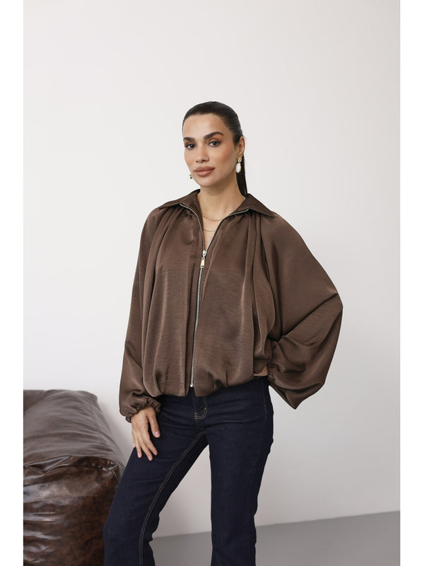 Kahverengi Ön Fermuarlı Bomber Saten Ceket 9584-Kahverengi