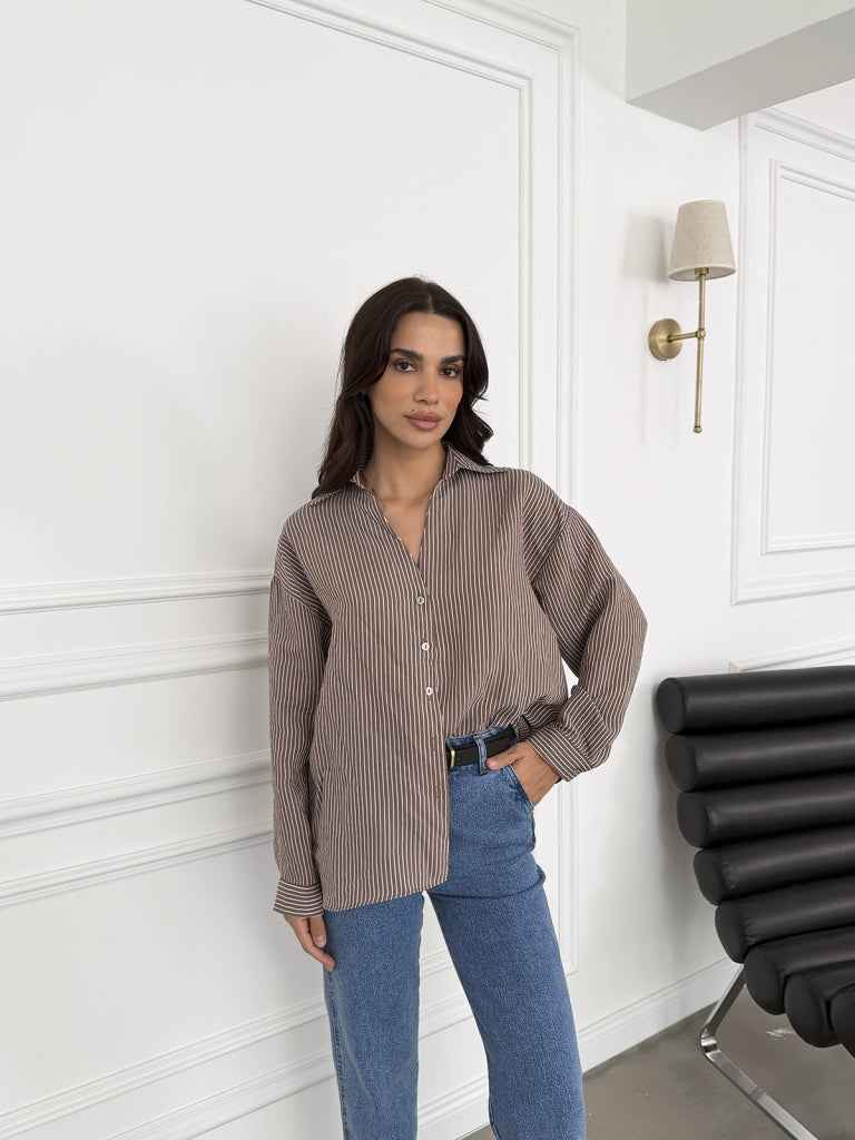 Kahverengi Çizgili V Yaka Gömlek 4906-Kahverengi