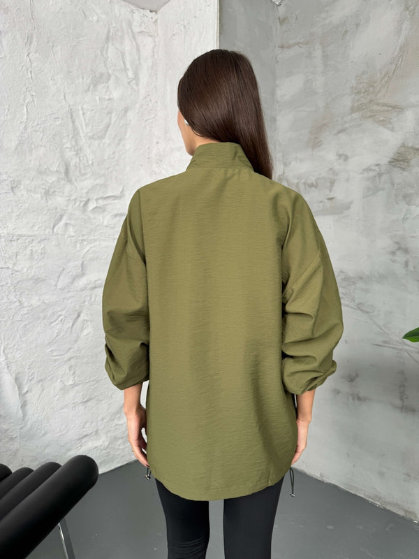 Haki Paraşüt Kumaş Fermuarlı Sweat