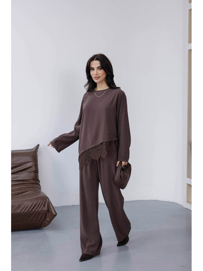 Kahverengi Etek Ucu Dantelli Tencel Takım 2801-Kahverengi
