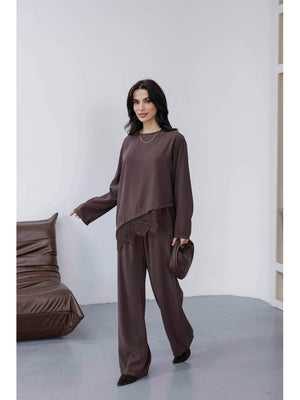 Kahverengi Etek Ucu Dantelli Tencel Takım 2801-Kahverengi