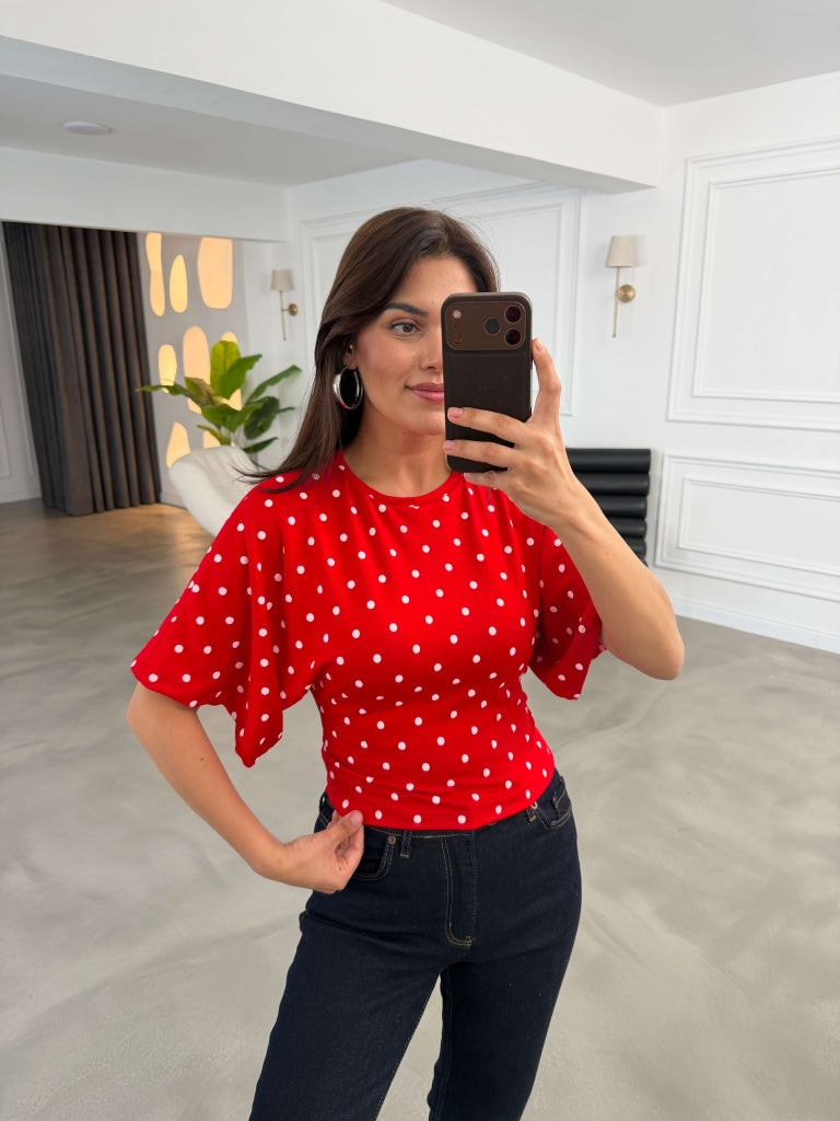Kırmızı Puantiyeli Bel Büzgülü Tshirt 1105-Kırmızı