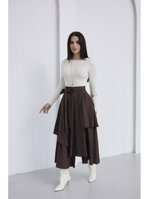Kahve Bel Bağlamalı Etek Pantolon 0020-KAHVE