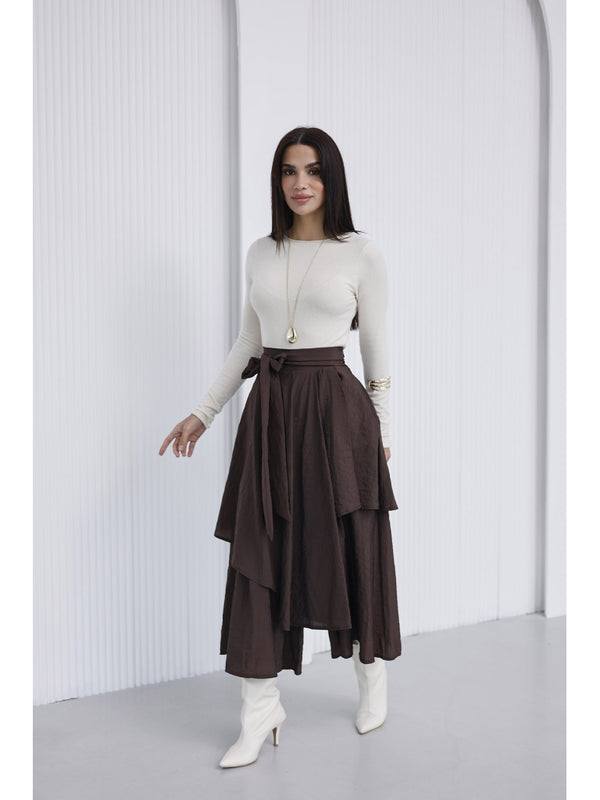 Kahve Bel Bağlamalı Etek Pantolon 0020-KAHVE