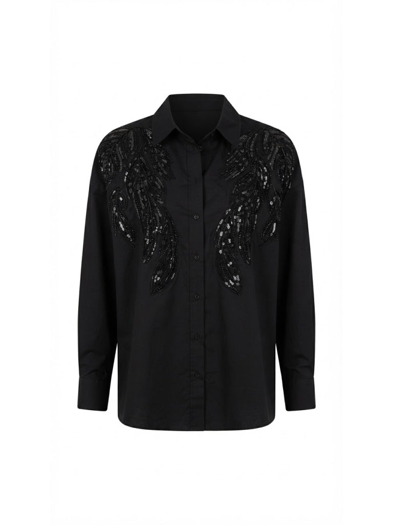 Siyah Pul İşlemeli Poplin Gömlek 5143-Siyah