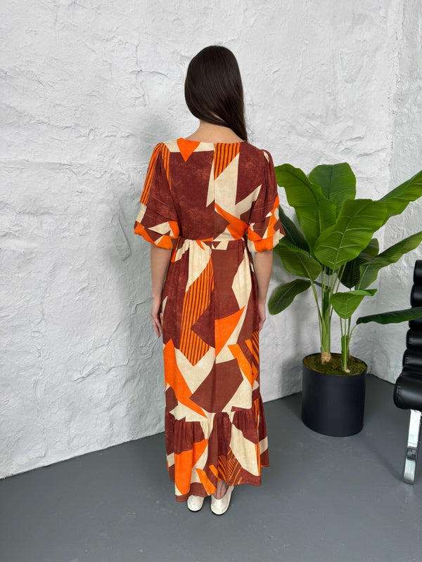 Orange Balon Kol Geometrik Desenli  Elbise