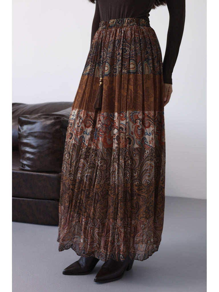 Kahverengi Şal Desen Şifon Etek 0849-Kahverengi