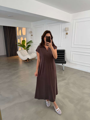 Kahve Polo Yaka Biyeli Modal Elbise 2393-Kahve
