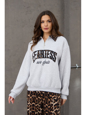 Gri Leopar Nakışlı Polo Yaka Sweat