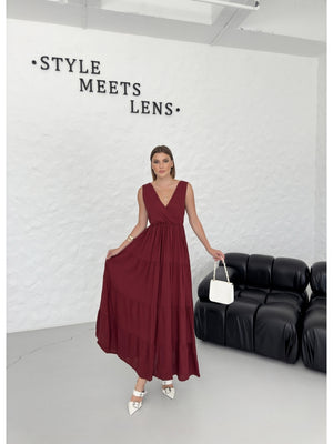 Premium Bordo Kruvaze Keten Elbise