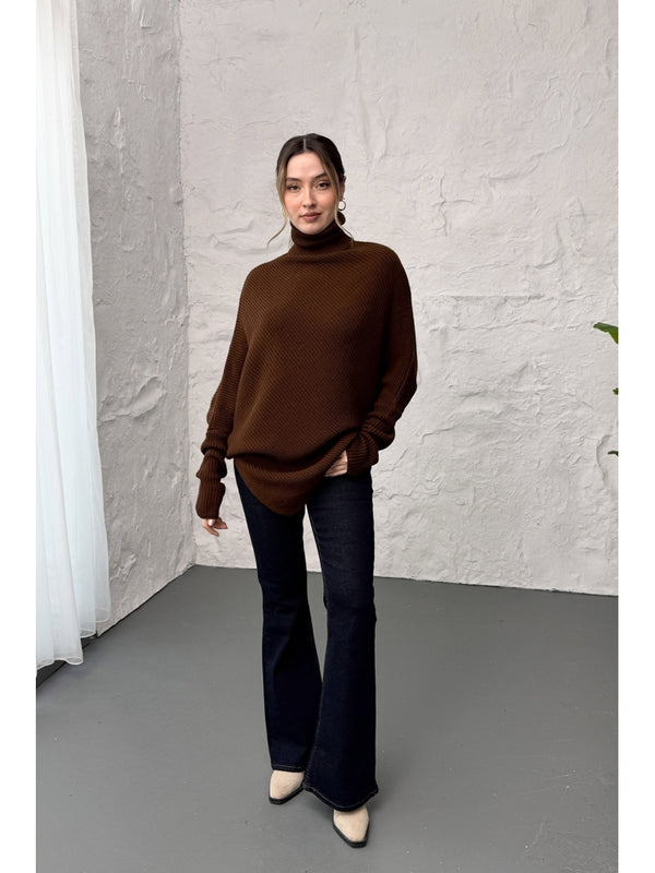 Kahverengi Boğazlı Triko Panço 2574-Kahverengi