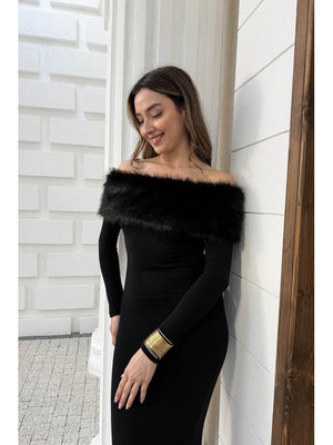 Siyah Madonna Kürk Yakalı Elbise 00515-Siyah