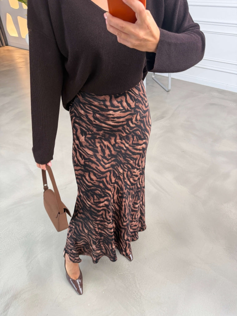 Kahverengi Zebra Desenli Saten Etek 9074-Kahverengi