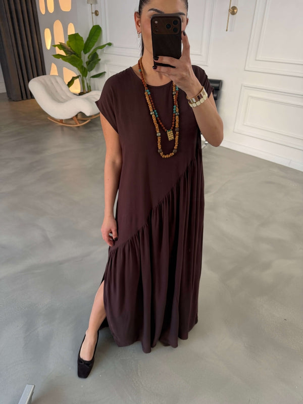 Kahve Yandan Yırtmaçlı Salaş Elbise 0066-Kahve