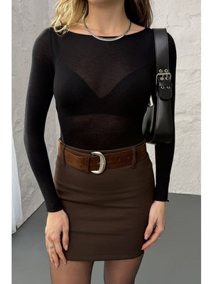 Siyah Kayık Yaka Transparan Bluz 25187-Siyah