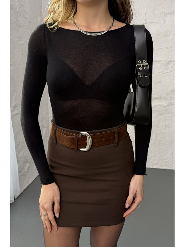 Siyah Kayık Yaka Transparan Bluz 25187-Siyah