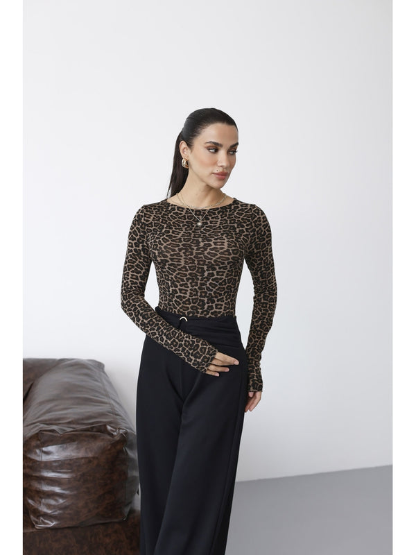 Dilvin Leopar Kayık Yaka Transparan Bluz 32206-Leopar