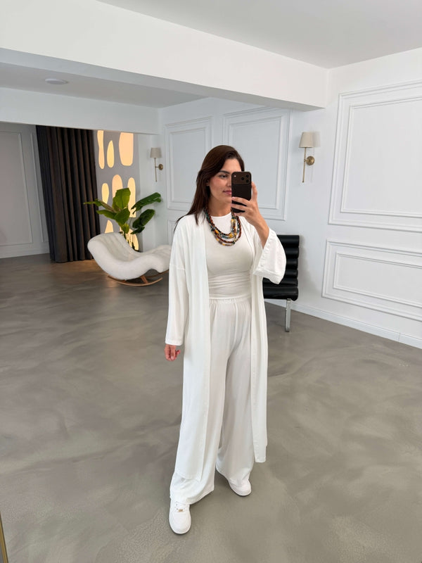 Beyaz Üçlü Likralı Modal Takım 4137-Beyaz