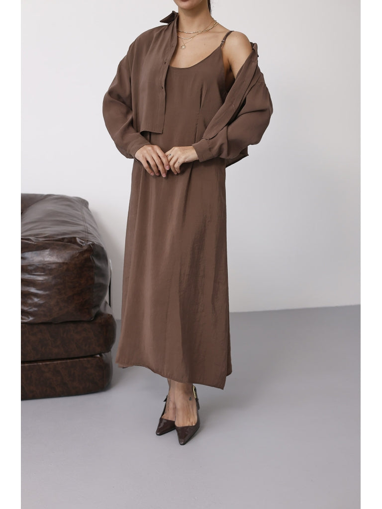 Kahve İp Askılı Elbise Gömlek Takım 51153-KAHVE