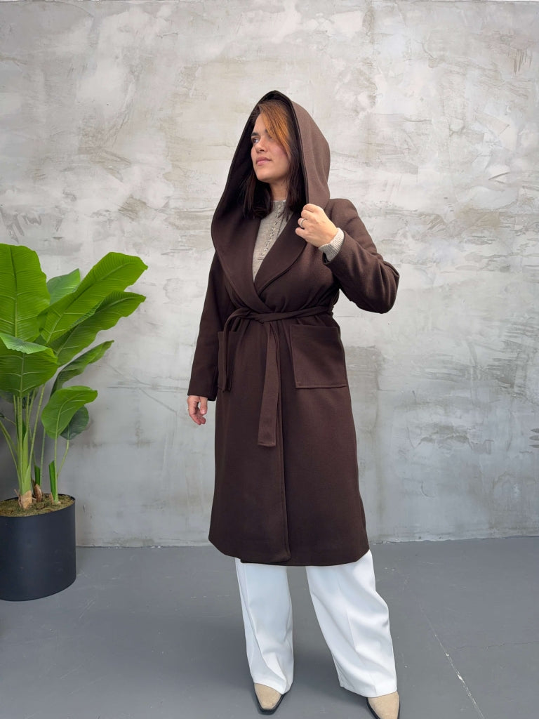 Kahverengi Kapşonlu Kaşe Kaban 2610-Kahverengi