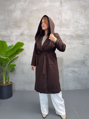 Kahverengi Kapşonlu Kaşe Kaban 2610-Kahverengi