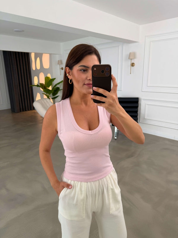 Pembe Kalın Askı V Yaka Body 24172-Pembe