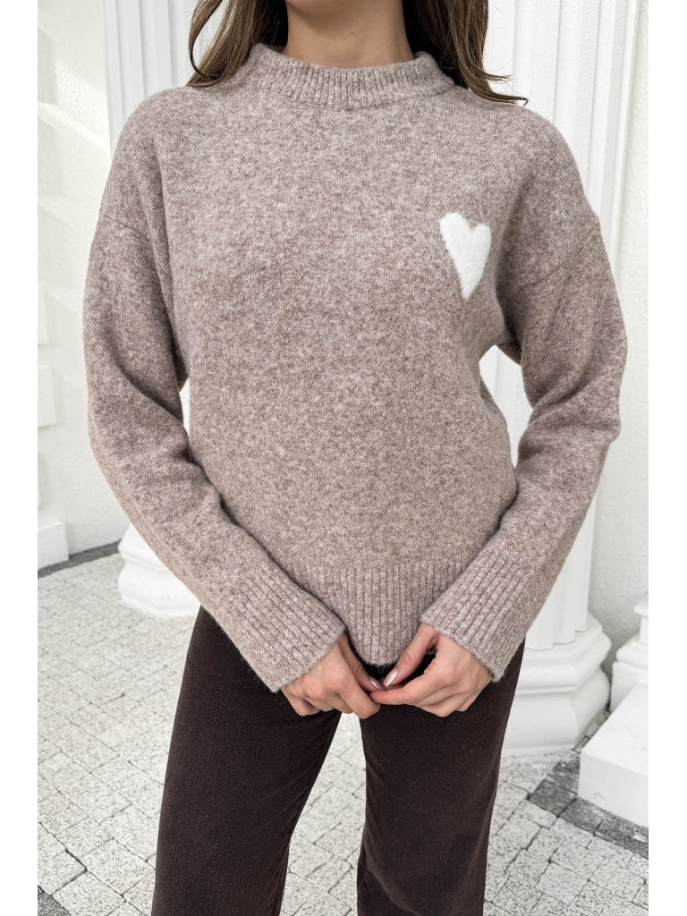 Dilvin Vizon Yumuşak Dokulu Kalpli Triko Kazak 10837-Vizon