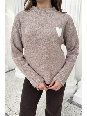 Dilvin Vizon Yumuşak Dokulu Kalpli Triko Kazak 10837-Vizon