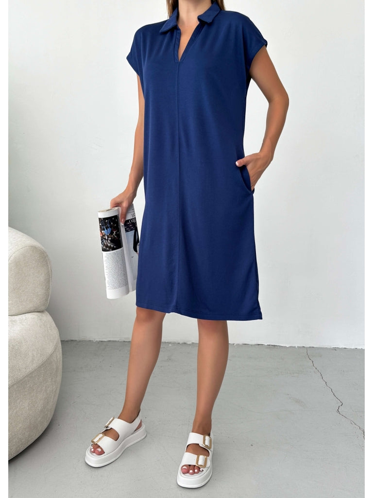 Premium Lacivert Polo Yaka Modal Elbise