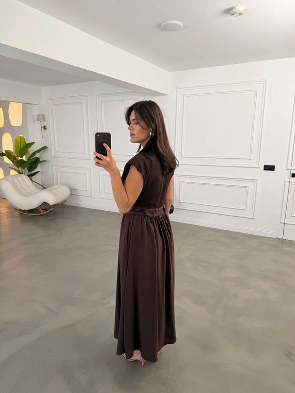 Kahve Vatkalı Deri Kemerli Elbise 580986-Kahve