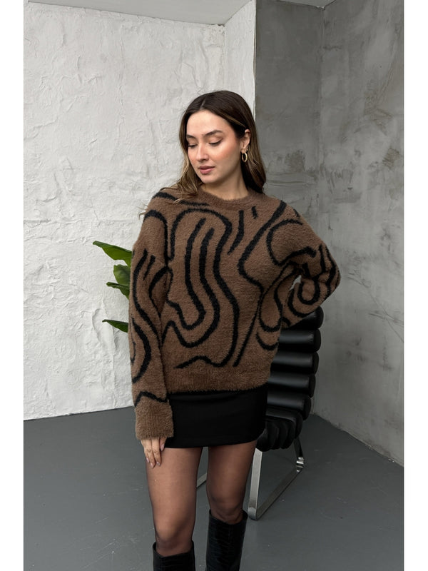 Kahverengi Zebra Desen Yumoş Kazak EY2828-Kahverengi