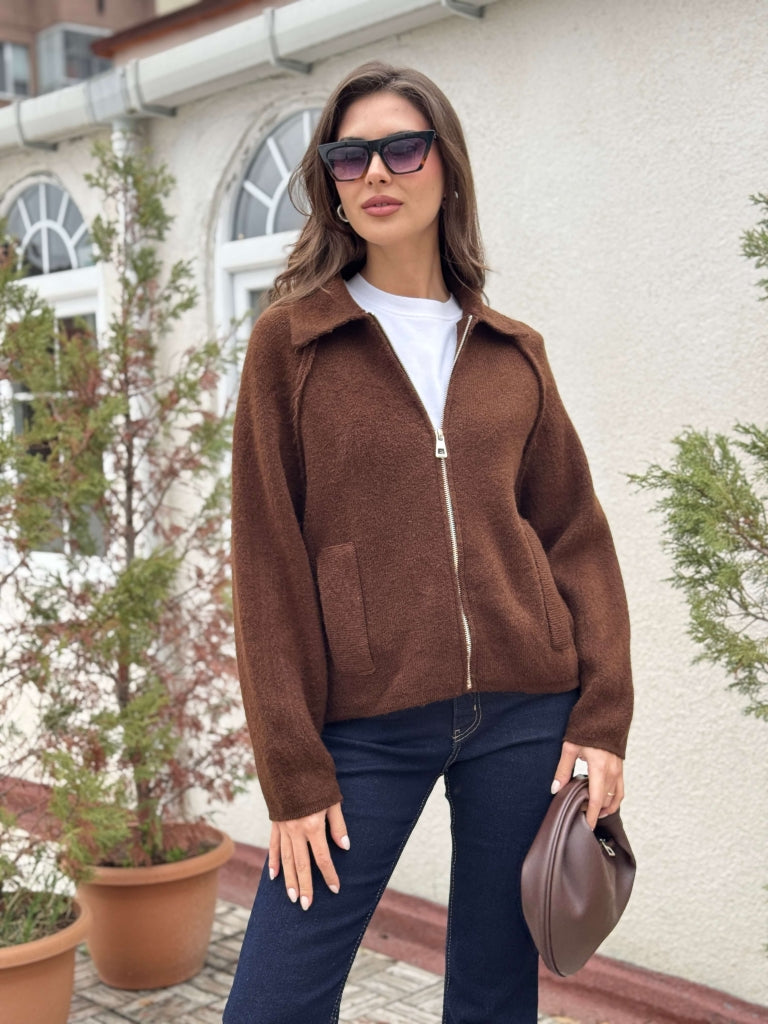 Acı Kahve Polo Yaka Fermuarlı Hırka 2381-Kahve