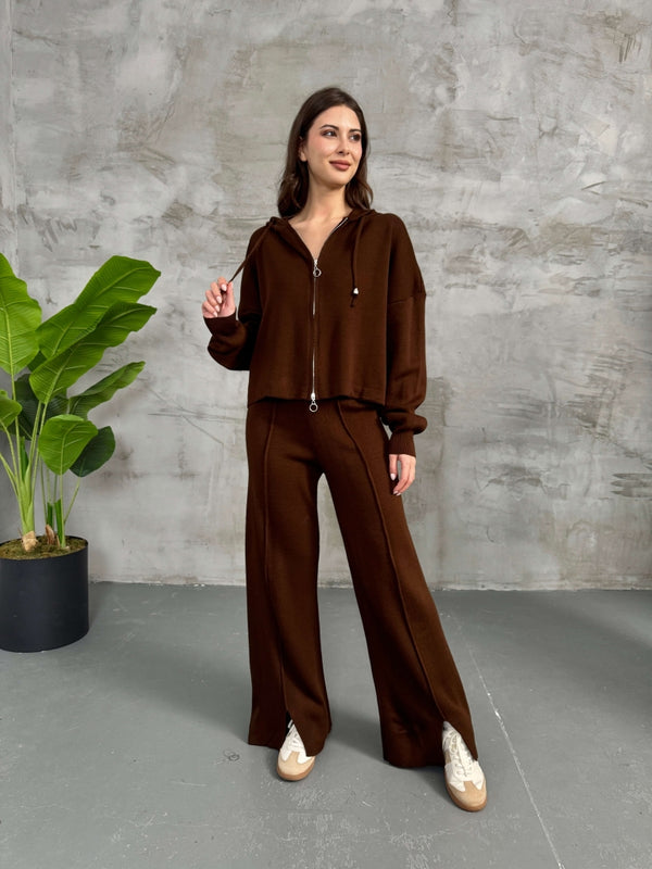 Kahverengi Kapşanlu Çift Fermuarlı Takım 0091-KAHVERENGİ
