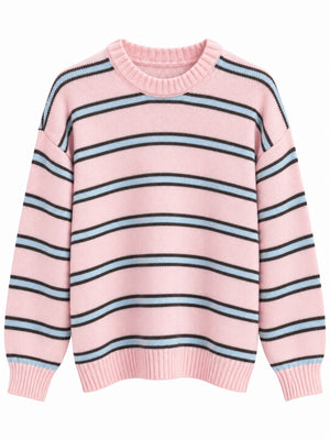 Pembe Üç Çizgili Oversize Kazak 2754-Pembe