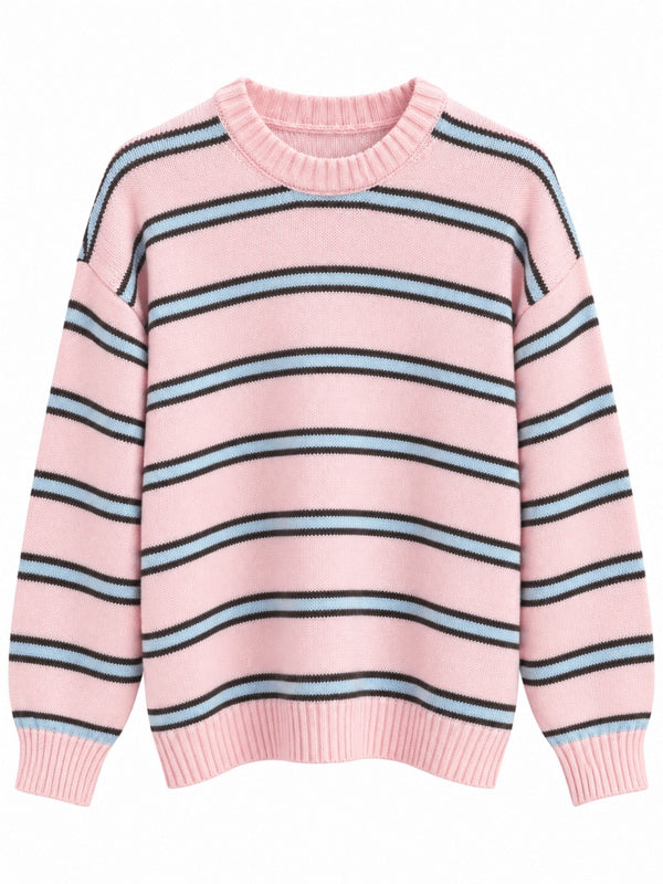 Pembe Üç Çizgili Oversize Kazak 2754-Pembe