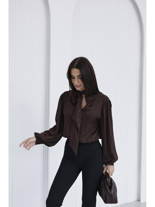Kahve Yakası Fularlı Salaş Bluz 5021-Kahve