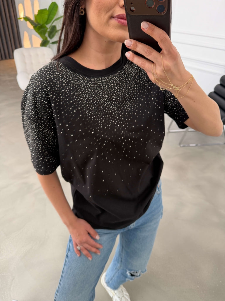 Siyah Taş Baskılı Bisiklet Yaka Tshirt 6532-Siyah