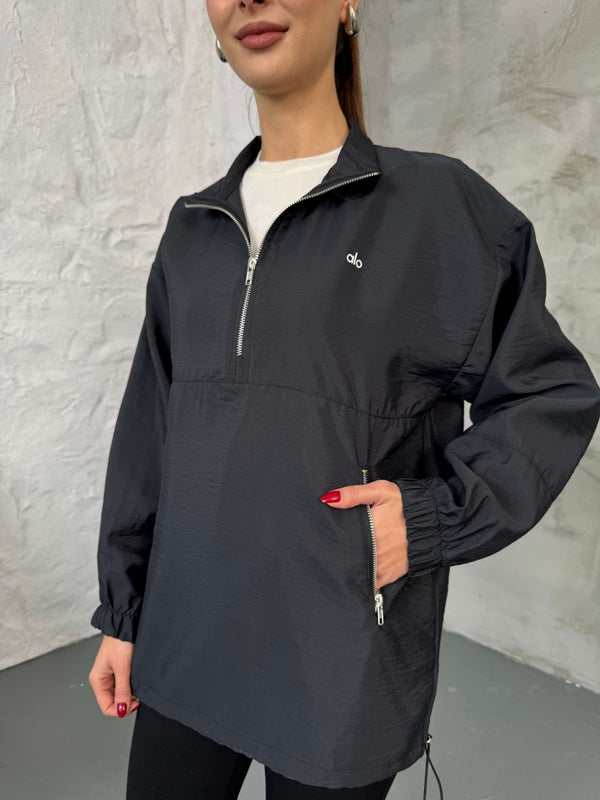 Siyah Paraşüt Kumaş Fermuarlı Sweat EY2120-Siyah