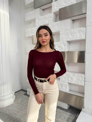 Bordo Kayık Yaka Transparan Bluz 25187-Bordo