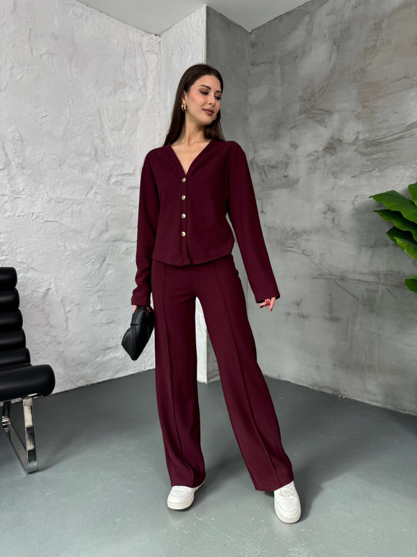 Bordo Gold Düğmeli Hırkalı Selanik Takım