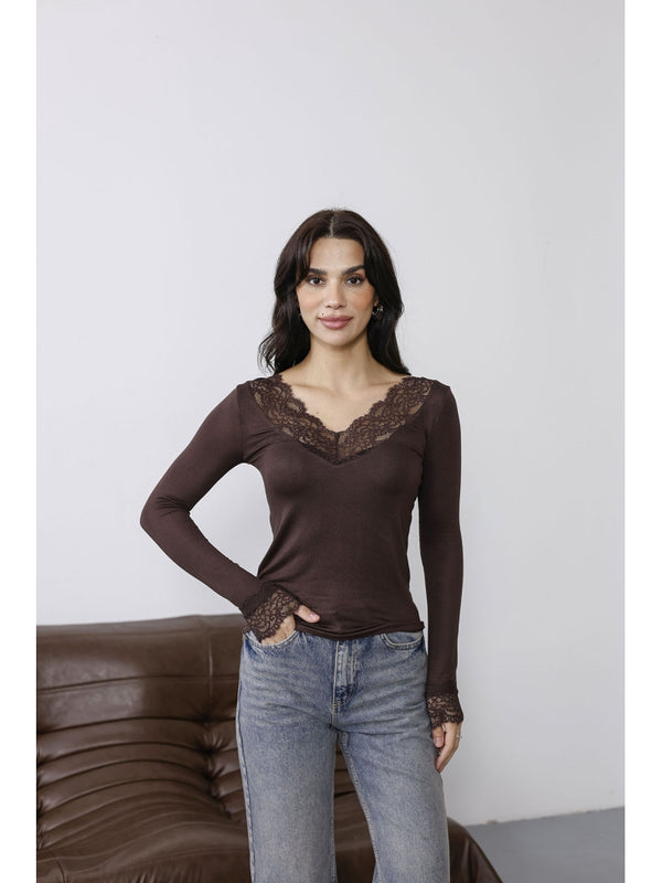 Kahverengi Yakası Dantelli  Bluz 0407-Kahverengi